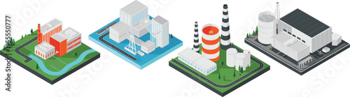 Isometric industrial power plants vector illustration set with factories energy stations chimneys electricity production urban infrastructure design collection
