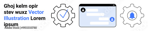 Technology, user authentication, notifications, data processing, communication, workflow optimization. Gear icons, chat window and bell symbol. Technology and user authentication concept