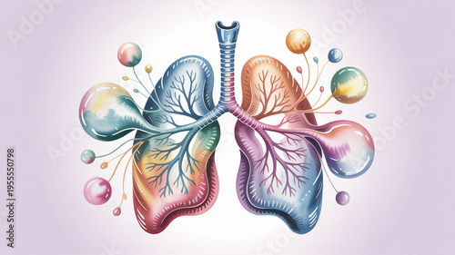 Artistic illustration of human lungs with colorful branching bronchial structures and floating spheres representing respiratory function
