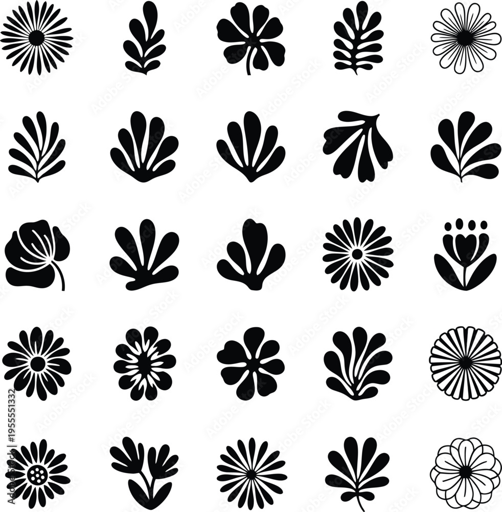 Obraz premium Collection of black and white floral and leaf silhouettes
