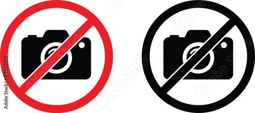 Two no photography signs featuring a camera icon with a red circle and a black circle variation Vector