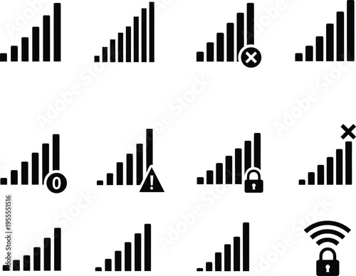 A collection of black and white signal strength icons representing various network connectivity states Vector