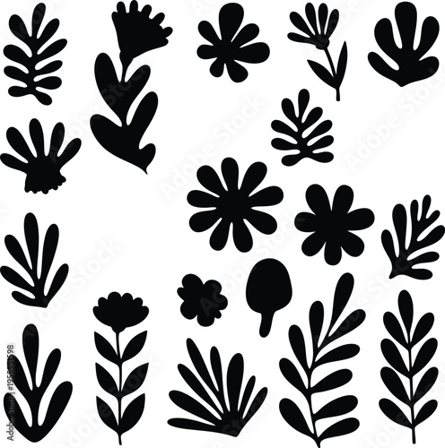 Black and white swirls, leaves, and mushroom icons, swirl icon