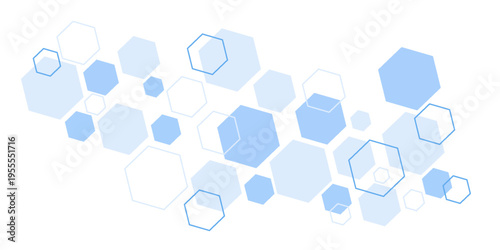 A flowing, wavy arrangement of blue and white hexagons of various sizes and opacities on a white background.