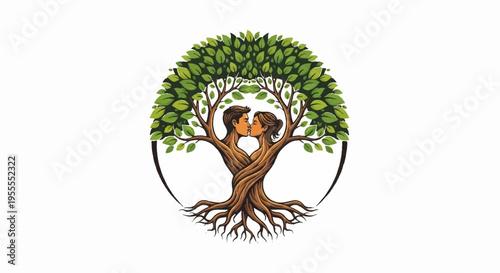 Loving couple embracing tree roots symbolizing love and nature green leaves brown trunk roots exposed white background
