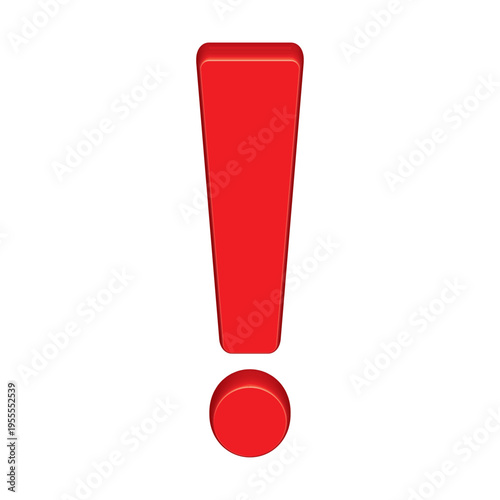 Red 3D Exclamation Mark Icon: Front View Alert and Warning Symbol for Error, Problem, and Danger. Glossy Plastic Rendering for Important Notification, Caution Sign, and UI Design. Isolated Graphic.
