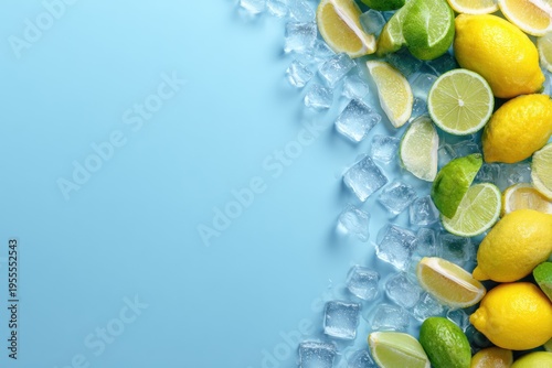 Refreshing Citrus Fruits and Ice Cubes on Blue Background.