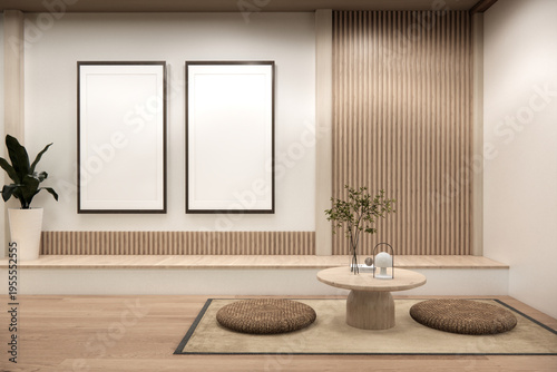lowtable set and decoration japandi on white Modern living room modern white .3D rendering