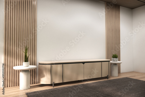 Modern Mock up japandi Cabinet wooden, japanese design on living room zen style, white wall background.3D rendering