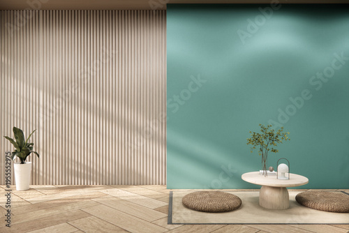 lowtable set and decoration japandi on mint Modern living room modern white and wooden panel wall .3D rendering