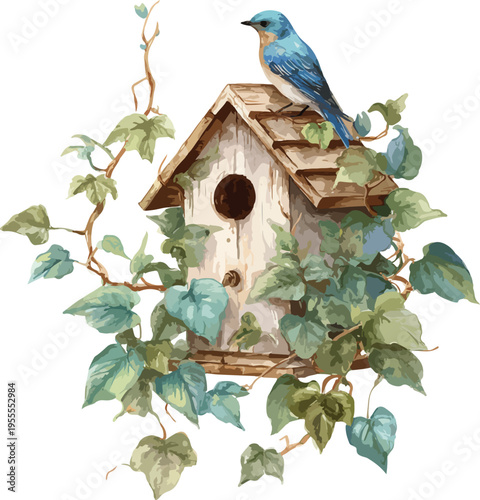 Blue tit perched on a branch near a wooden birdhouse in a garden with trees and blue sky