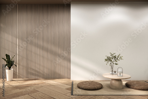 lowtable set and decoration japandi on white Modern living room modern white .3D rendering
