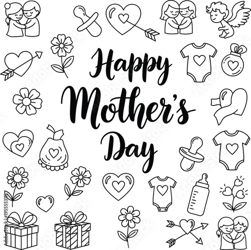 Happy mothers day doodles with babies gifts and flowers