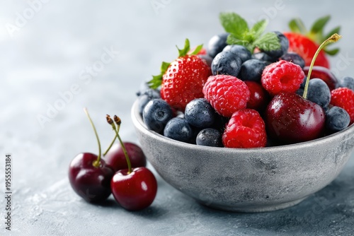 Bowl of Fresh Berries - Strawberries, Blueberries, Raspberries, Cherries.