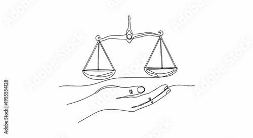 Hand holding coin with balance scales symbolizing justice fairness and equality concept