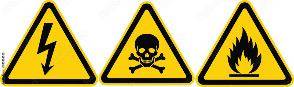 Fotografie Warning hazard sign icon set flat vector collection for electrical danger toxic
