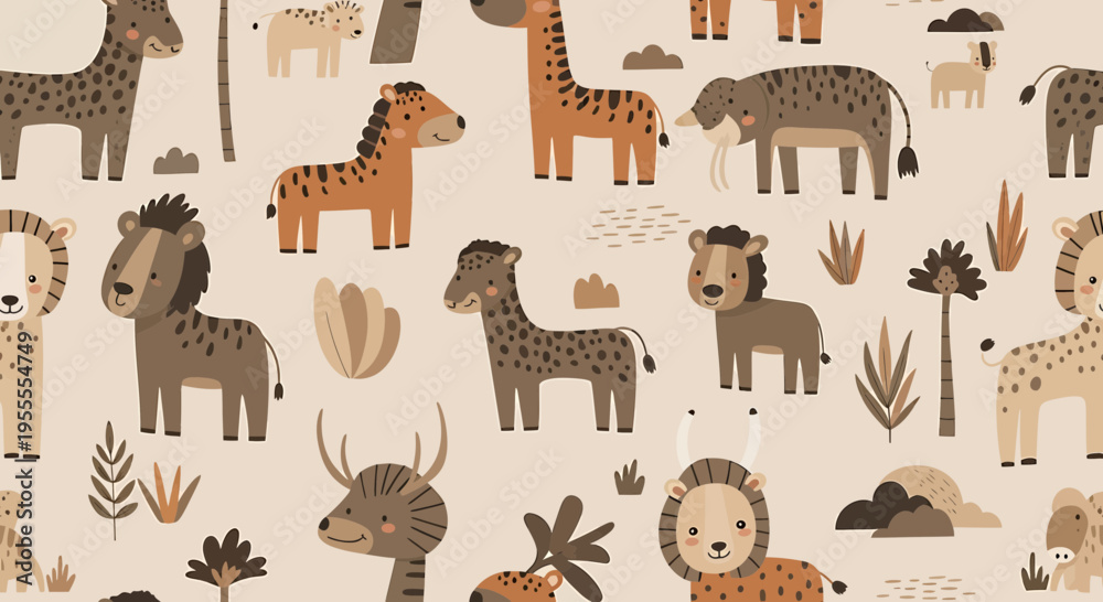Obraz premium Cute Safari Animals Pattern, Jungle Wildlife Cartoon Characters, Baby Animals Seamless Background