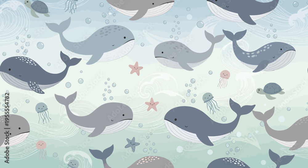 Fototapeta premium Cute Whales and Sea Creatures Seamless Pattern, Ocean Waves Background