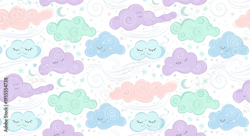 Cute Pastel Clouds Seamless Pattern, Kawaii Sky Background for Kids, Baby Shower, Nursery Decor