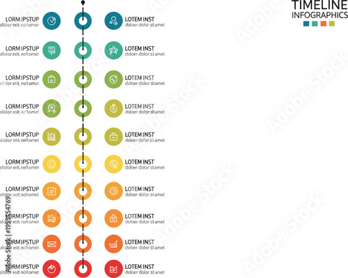 Vertical timeline infographic vector with colorful milestones steps and icons for business workflow presentation project management and strategy planning