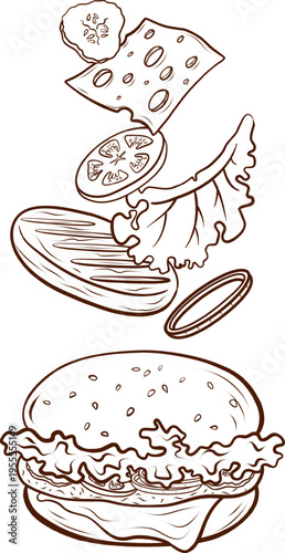 A burger with ingredients flying apart. A vector illustration in the engraving style. A fast-food sandwich icon for burger menus, recipe posters, food infographics, restaurant billboards.