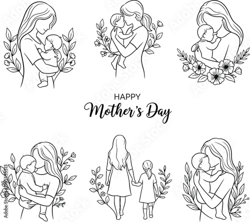 Mother and child line drawing with flowers for mother's day