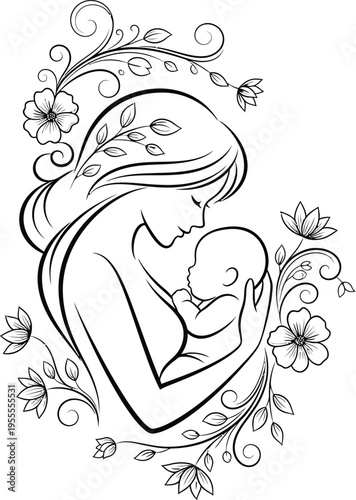Mother holding baby in floral outline art with white background