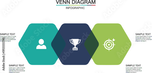 Venn diagram infographic vector template with overlapping hexagon shapes for data comparison analysis and business presentation design
