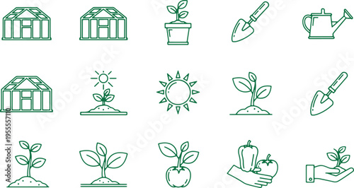 Illustrations depicting various stages and tools of gardening and plant growth