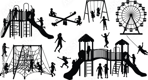 Black silhouette of happy children playing on playground equipment, slides, swings, ferris wheel, climbing net, and seesaw on white background