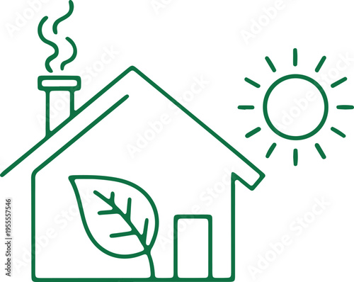 A house with a green leaf, chimney, and a bright sun in the background