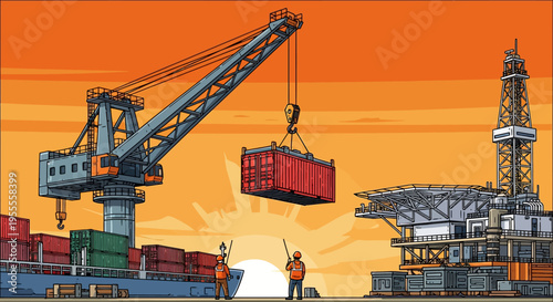 offshore oil rig platform in ocean at sunset