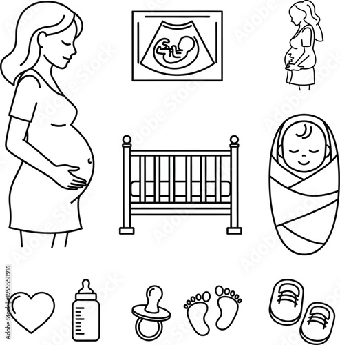 Pregnancy & newborn icons | maternity ultrasound baby line art