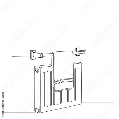 Wall mounted heating radiator with hanging towel line drawing on white background