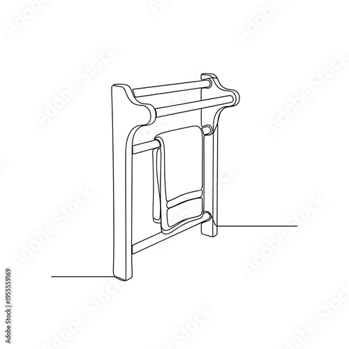 Freestanding heated towel rack with hanging towel line drawing on white background