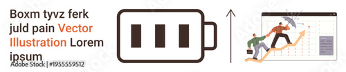 Business growth, motivation, teamwork, productivity, progress, energy levels. Battery icon showing charge and team climbing upward graph. Business growth and motivation idea