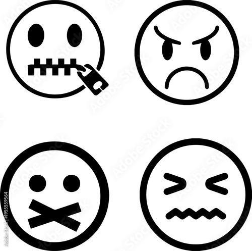 emoji icons representing silence, anger, and frustration in minimalist line art style