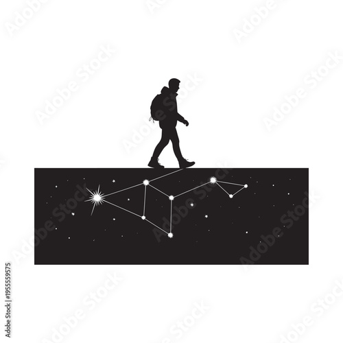 Silhouette of a man walking towards a constellation and starry night sky