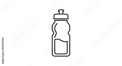 Black and white outline icon of a sports water bottle with liquid inside, isolated on white background.