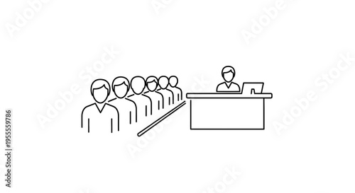 Business meeting, presentation, or lecture with audience in a row and speaker at desk with laptop