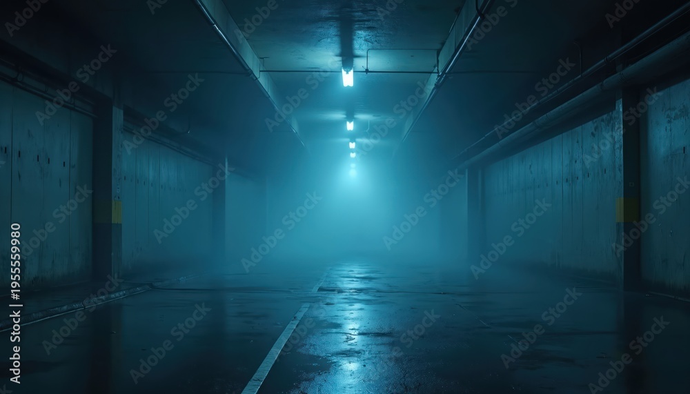 Fototapeta premium Dimly lit, foggy underground parking garage with blue lights ahead. Concrete walls, wet floor reflecting the light. Mysterious, industrial atmosphere suggests suspense.