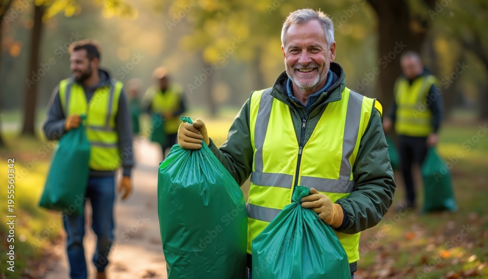 Obraz premium Man with gray hair smiles wearing yellow vest holding green bags. People clean park in autumn. Volunteers work together, collecting rubbish for eco initiative. Team supports environment, community.