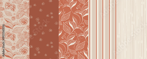 Botanical pattern set with leaves in warm terracotta and cream. Simple line style, natural and calm design for fabric, home decor and packaging.