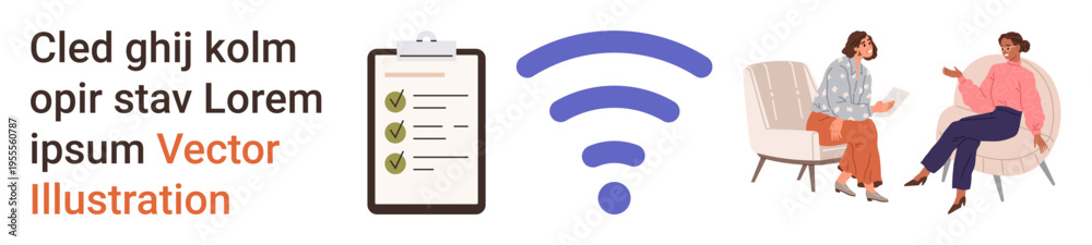 Obraz premium Communication, collaboration, productivity, digital learning, task management, teamwork. Scene shows a wireless icon, checklist clipboard two people discussing. Communication and collaboration idea