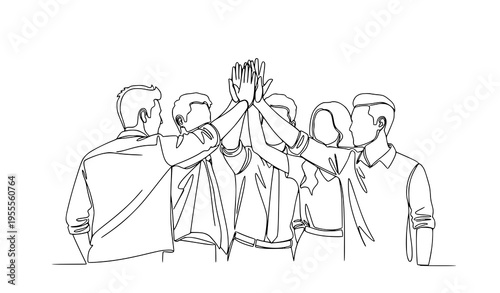 Four People Giving Group High Five Black and White Line Art Vector Illustration