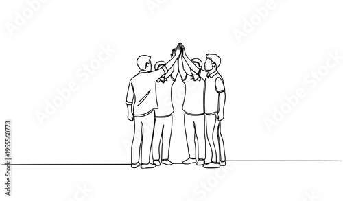 Continuous Line Team Celebration Four People High Five Vector Illustration