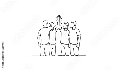 Group High Five Line Drawing Four Standing People Teamwork Vector Illustration