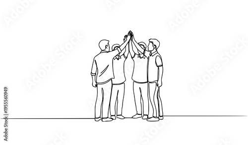 Continuous Line Team Celebration Four People High Five Vector Illustration