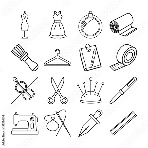 Dressmaking, Sewing Equipment and Handicraft Line Art Icon Set