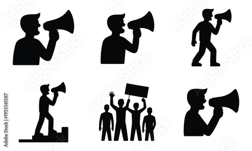 Silhouette people with megaphone and protest banner, announcing and cheering
